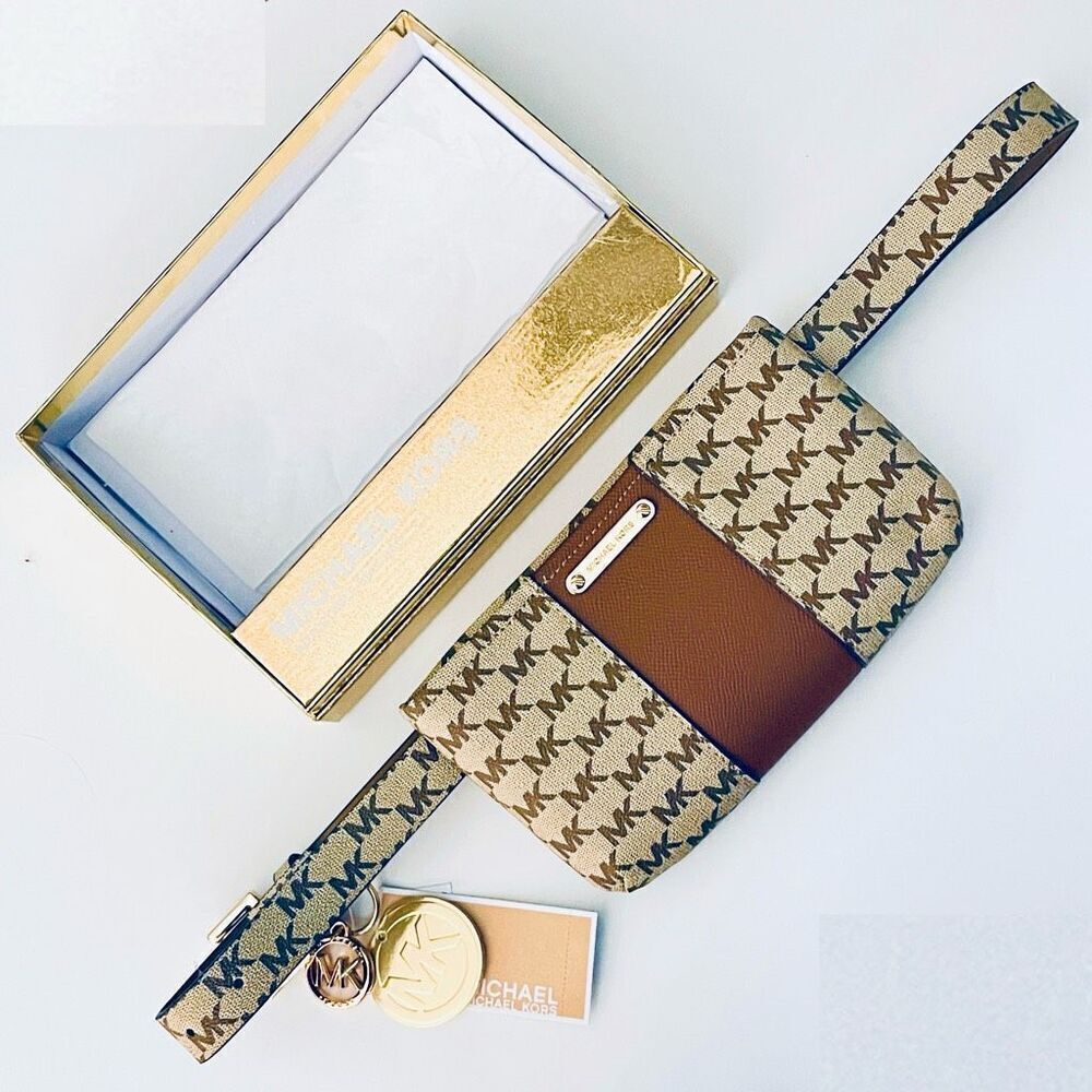 NWT Gorgeous Michael Kors L/XL Waist Fanny Pack Tan Brown Gold Monogram Belt Bag - Picture 10 of 12